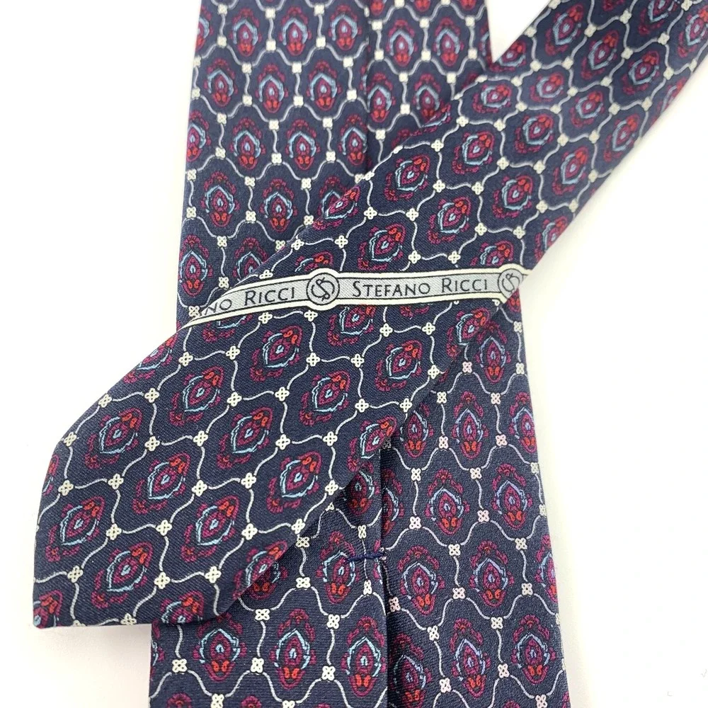 Vintage Stefano Ricci Mens Tie Black w Dark Red Geometric‎ Design Silk Neckwear
